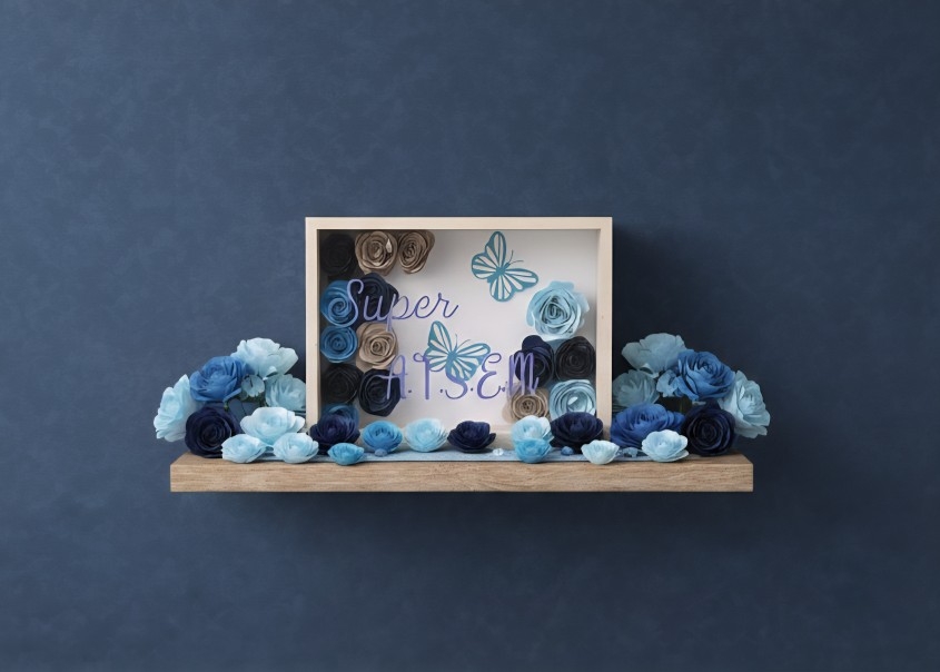 Cadre "Super ATSEM" avec fleurs bleu clair, bleu marine, marron et deux papillons holographiques.