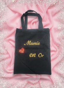 Tote bag "MAMIE EN OR", sac cadeau original. en noir