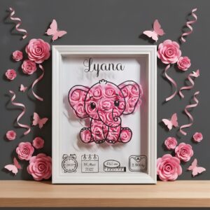 Cadre pour une naissance avec information sur l'enfant, un contour d'éléphant noir et des fleurs roses.