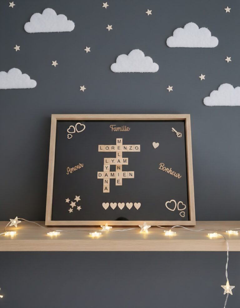 Cadre Scrabble, sur fond gris anthracite, avec décorations : cœurs, étoiles, clés, amour, bonheur, famille.
