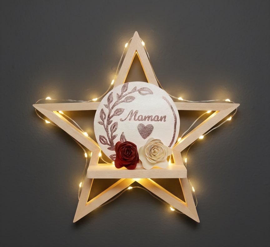 Magnet "Maman", sur une étagère lumineuse en forme d'étoile.