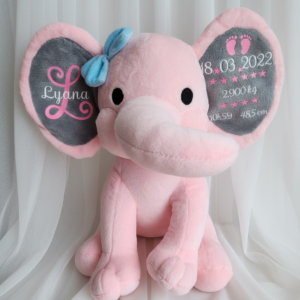 Peluche naissance personnalisĂ©e Ă©lĂ©phant â PrĂ©nom et informations de naissance