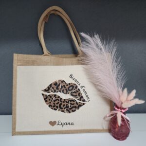 Cabas personnalisé femme en jute – Bouche léopard « Bisous d'amour »