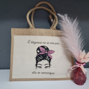 Cabas personnalisé femme en jute – Illustration visage élégant