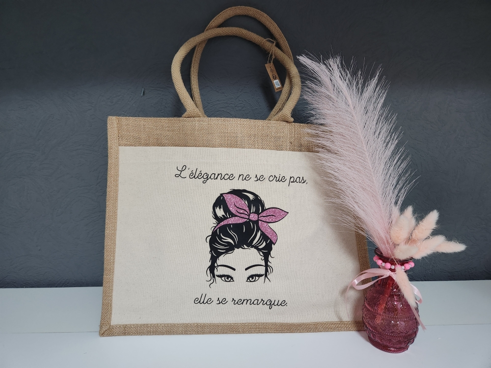 Cabas personnalisé femme en jute – Illustration visage élégant