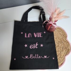 Tote bag personnalisé femme « La vie est belle » – Sac en coton pailleté