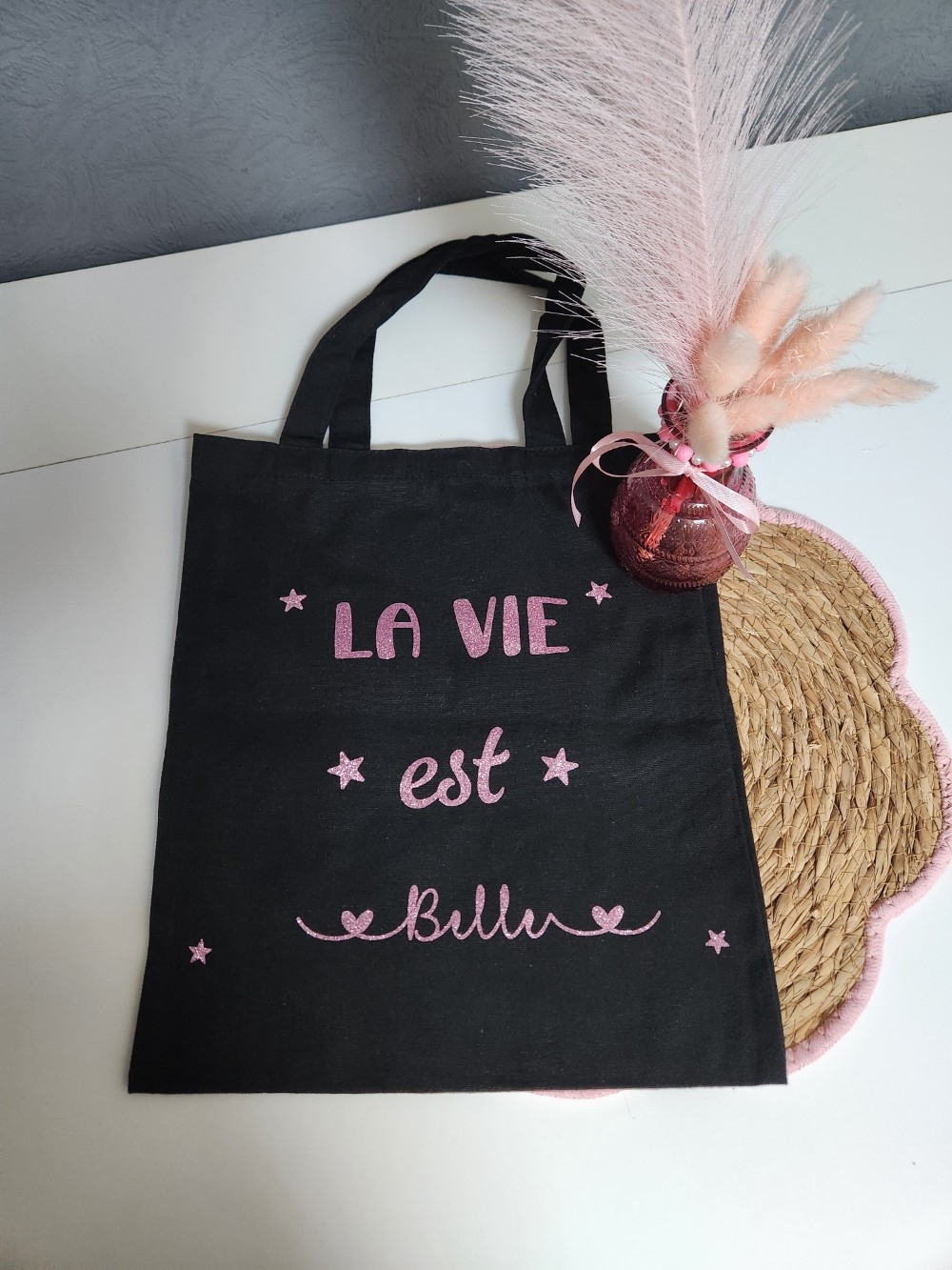 Tote bag personnalisé femme « La vie est belle » – Sac en coton pailleté