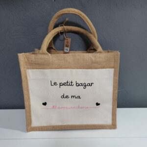 Cabas personnalisé Marraine en jute « Le petit bazar de ma marraine chérie »