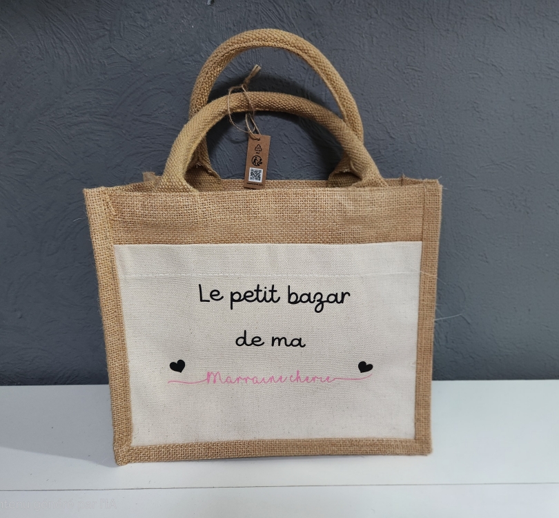 Cabas personnalisé Marraine en jute « Le petit bazar de ma marraine chérie »