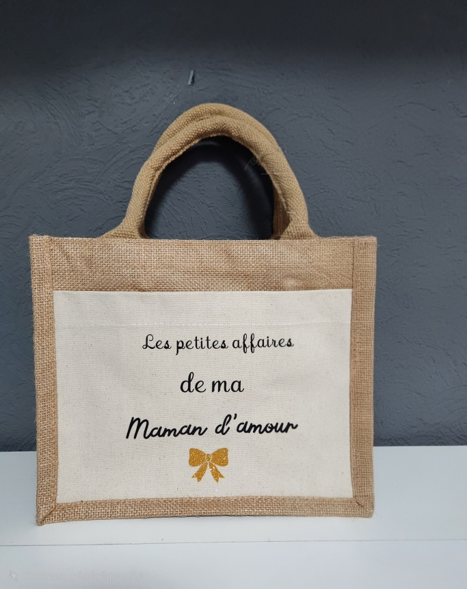 Cabas personnalisé Maman en jute « Les petites affaires de ma Maman d’amour »