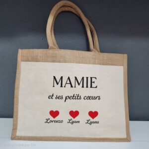 Cabas personnalisé Mamie en jute avec prénoms des petits-enfants