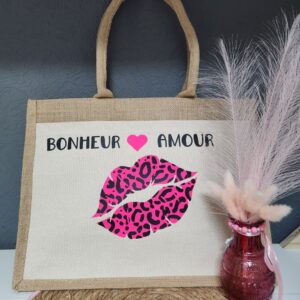 Cabas personnalisé femme en jute – Bouche léopard rose « Bonheur & Amour »