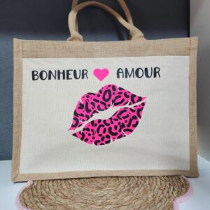 Cabas personnalisé femme en jute avec bouche léopard rose